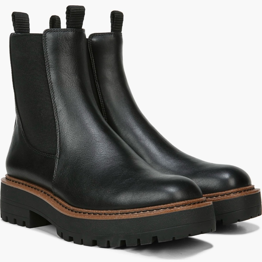 Sam Edelman Black Leather Chelsea Lug Booties with Brown Welt